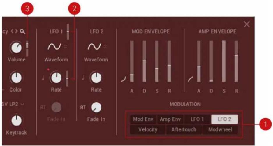3 2 cy <> Q Volume Color SV LP2 Keytrack LFO 1 Waveform Rate RT Fade In LFO 2 Waveform Rate RT Fade In MOD ENVELOPE A D S R AMP ENVELOPE A D S R MODULATION Mod Env Amp Env LFO 1 LFO 2 Velocity Aftertouch Modwheel 1