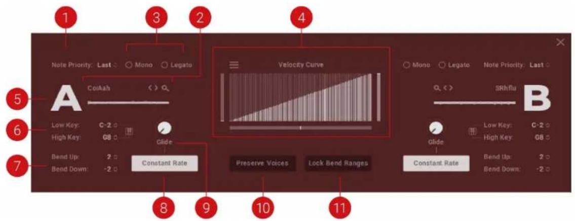 Note Priority: Last ○ Mono ○ Legato A ColAsh ( ) Q Low Key: C-2 ○ High Key: 08 ○ Bend Up: 2 ○ Bend Down: -2 ○ Constant Rate Velocity Curve SLRflu B Low Key: C-2 ○ High Key: 08 ○ Bend Up: 2 ○ Bend Down: -2 ○ Constant Rate Preserve Voices Lock Bend Ranges