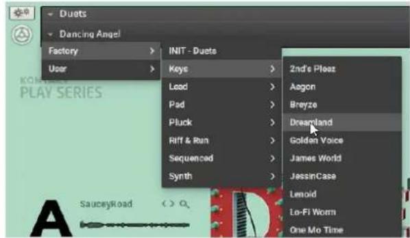 Duet Dancing Angel Factory > INIT - Duets User > Keys > 2nd's Ploez Lead > Aagon Pad > Breeze Pluck > Dreamland Riff & Run > Golden Voice Sequenced > James World Synth > JessinCase Lenoid Lo-Fi Worm One Mo Time