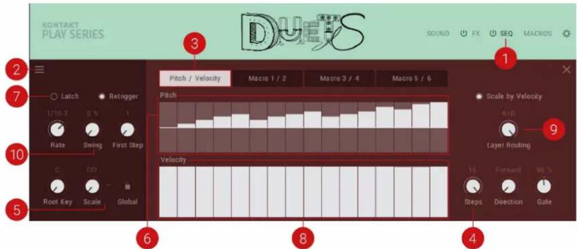 KONTAKT PLAY SERIES 3 1 Pitch / Velocity Macro 1 / 2 Macro 3 / 4 Macro 5 / 6 7 Latch Retrigger 1/10 T 0 % 1 Rate Swing First Step C Off Root Key Scale Global 5 6 8 4 Scale by Velocity A+B Layer Routing 15 Forward 98 % Steps Direction Gate