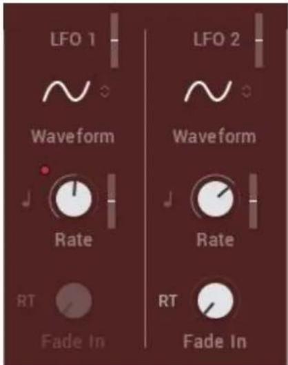 LFO 1 Waveform Rate RT Fade In LFO 2 Waveform Rate RT Fade In