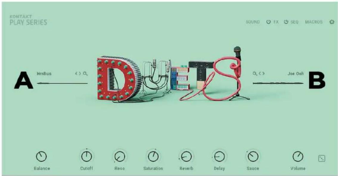 KONTAKT PLAY SERIES A HmBus < > Q DUTS Q < > Joe Ooh B Balance Cutoff Reso Saturation Reverb Delay Sauce Volume