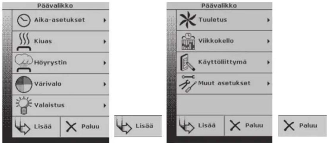 Päävalikko Aika-asetukset Kiuas Höyrystin Värivalo Valaistus Lisää Paluu Päävalikko Tuuletus Viikkokello Käyttöliittymä Muut asetukset Lisää Paluu Paluu