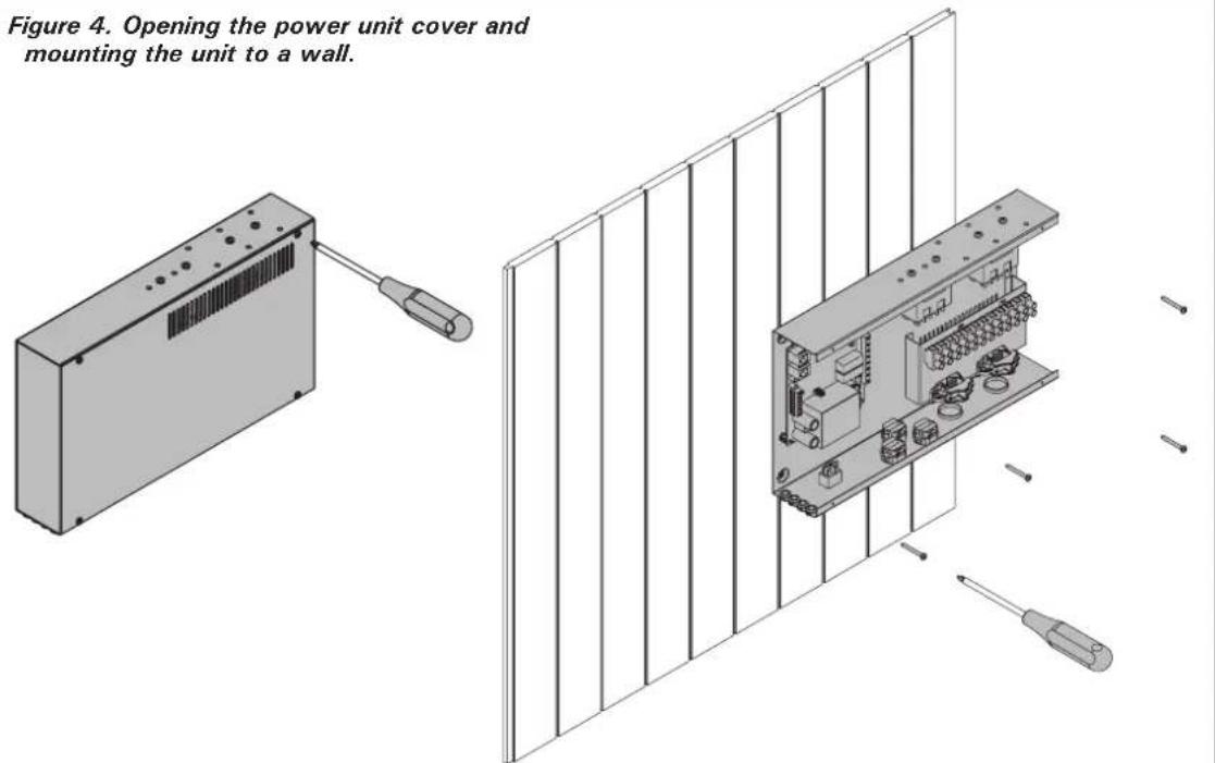 Figure 4. Opening the power unit cover and mounting the unit to a wall.