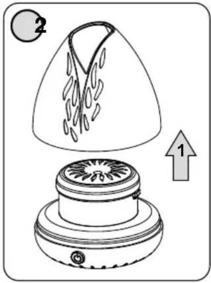 Diagram illustrating a device with internal components and an upward arrow labeled '1', showing a top-down view of a container-like structure.