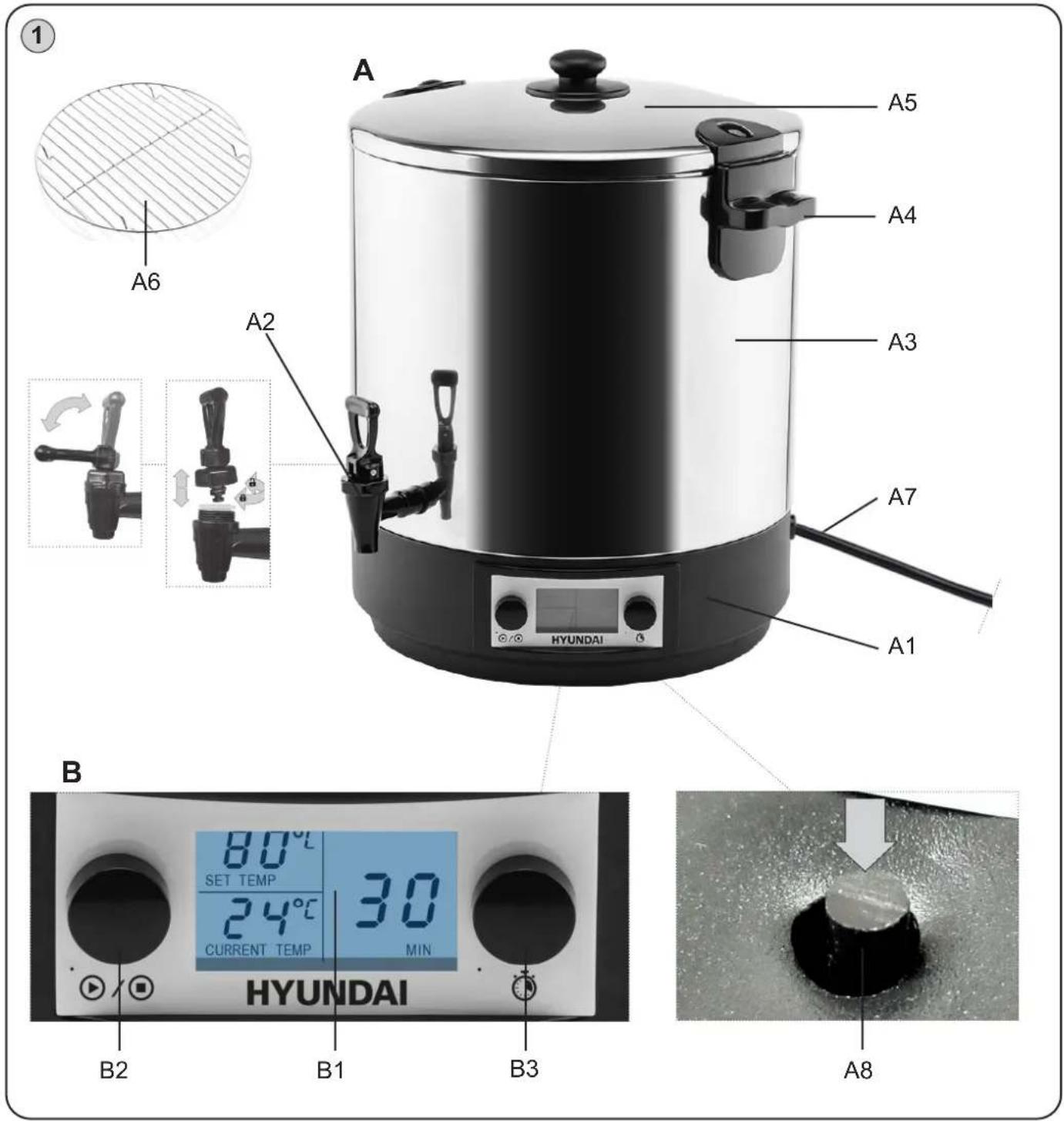 A A5 A4 A3 A2 A7 A1 HYUNDAI B 80°C SET TEMP 24°C CURRENT TEMP MIN HYUNDAI B2 B1 B3 A8
