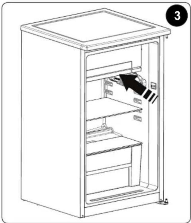 Line drawing of a refrigerator interior with an open door and shelf, showing internal shelves and a black arrow indicating a component (no text or symbols)