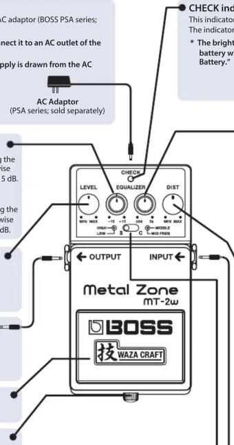 AC adaptor (BOSS PSA series; connect it to an AC outlet of the supply is drawn from the AC AC Adaptor (PSA series; sold separately) CHECK ind This indicator The indicator * The bright battery wh Battery." LEVEL EQUALIZER DIST MINT MAX 15 10 5 3 1 4 6 8 10 12 14 16 18 20 22 24 26 28 30 32 34 36 38 40 42 44 46 48 50 52 54 56 58 60 62 64 66 68 70 72 74 76 78 80 82 84 86 88 90 92 94 96 98 100 OUTPUT INPUT METAL Zone MT-2w BOSS 技WAZA CRAFT