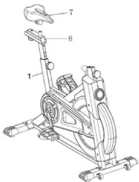 Technical diagram of an exercise bike with numbered components for identification