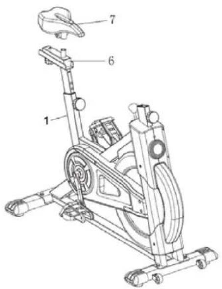 Technical diagram of an exercise bike with numbered components labeled 1, 6, and 7