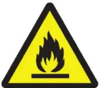 Warning sign depicting a flame symbol in yellow and black on white background