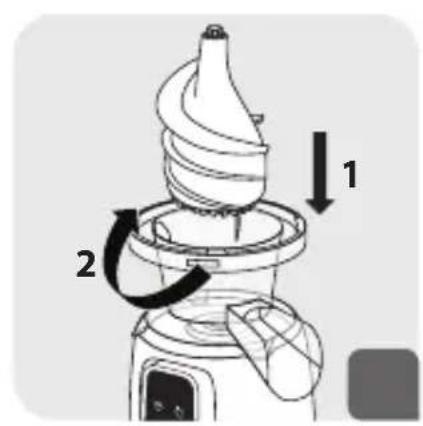 Diagram of a blender with labeled parts and directional arrows indicating rotation or usage steps