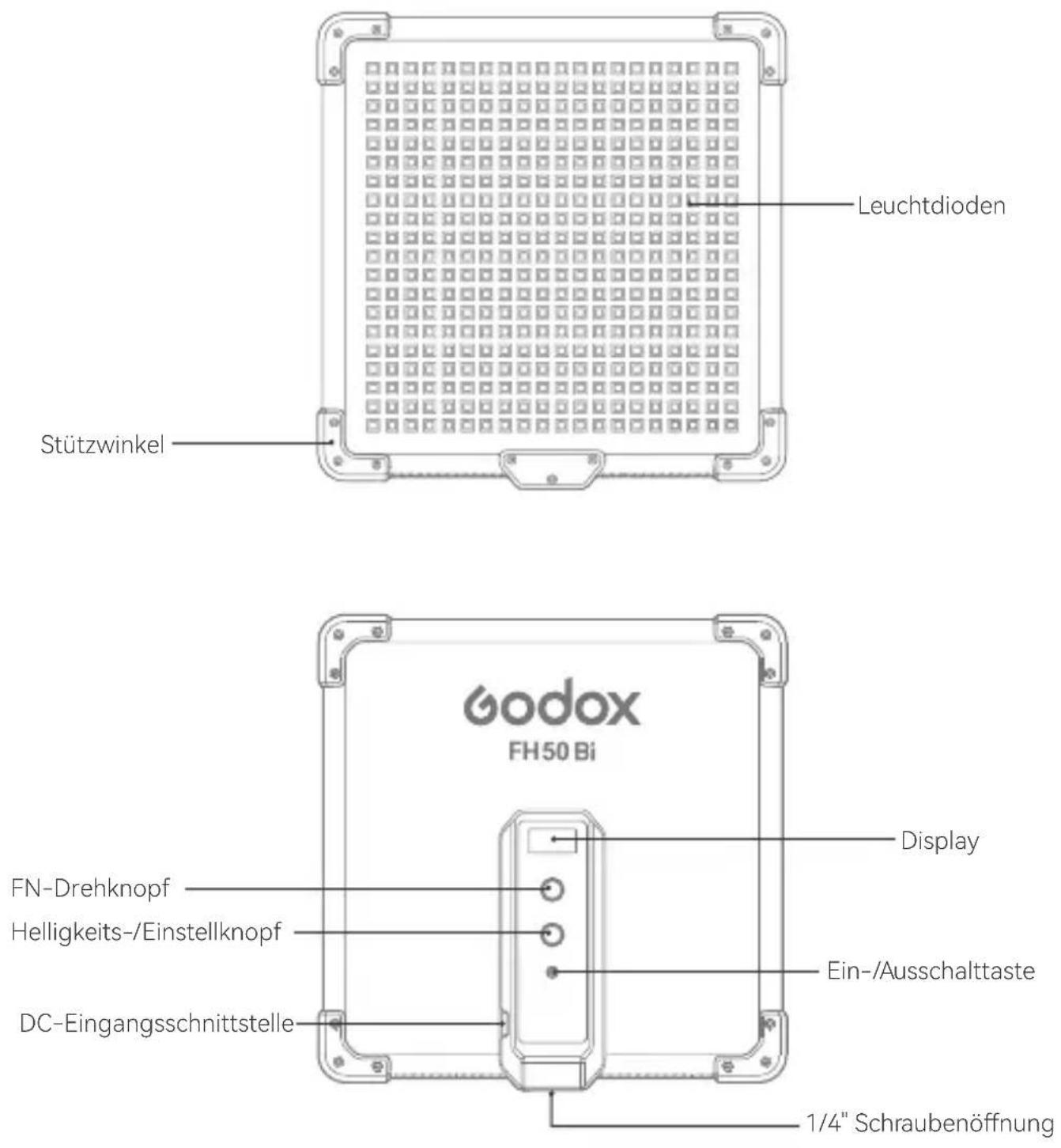 Leuchtdioden Stützwinkel Godox FH50 Bi Display FN-Drehknopf Helligkeits-/Einstellknopf Ein-/Ausschalttaste DC-Eingangsschnittstelle 1/4" Schraubenöffnung
