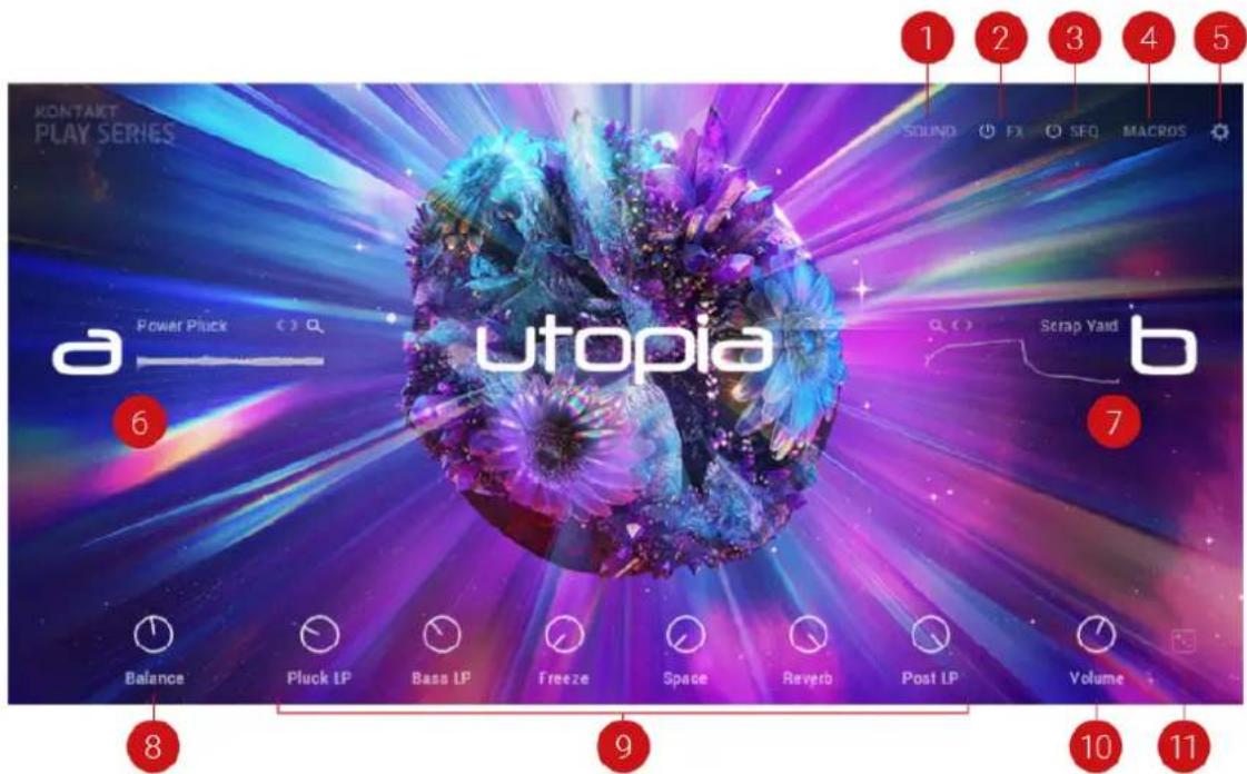 KONTAKIT PLAY SERIES a Power Pluck ( ) Q utopia 6 Balance Pluck LP Bass LP Freeze Space Reverb Post LP Volume 7 8 9 10 11 1 2 3 4 5 SOUND FX SEQ MACRDS