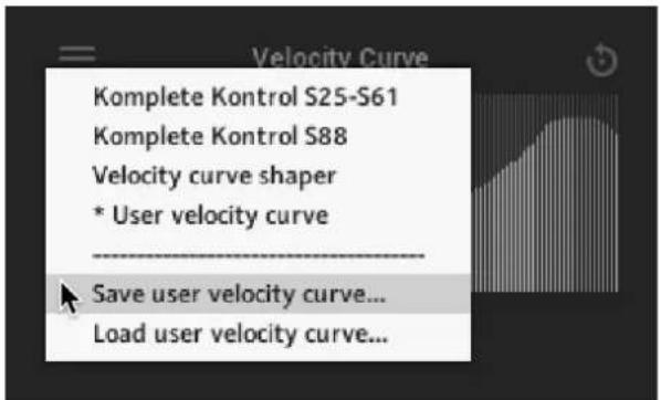 Velocity Curve Komplete Kontrol S25-S61 Komplete Kontrol S88 Velocity curve shaper * User velocity curve Save user velocity curve... Load user velocity curve...