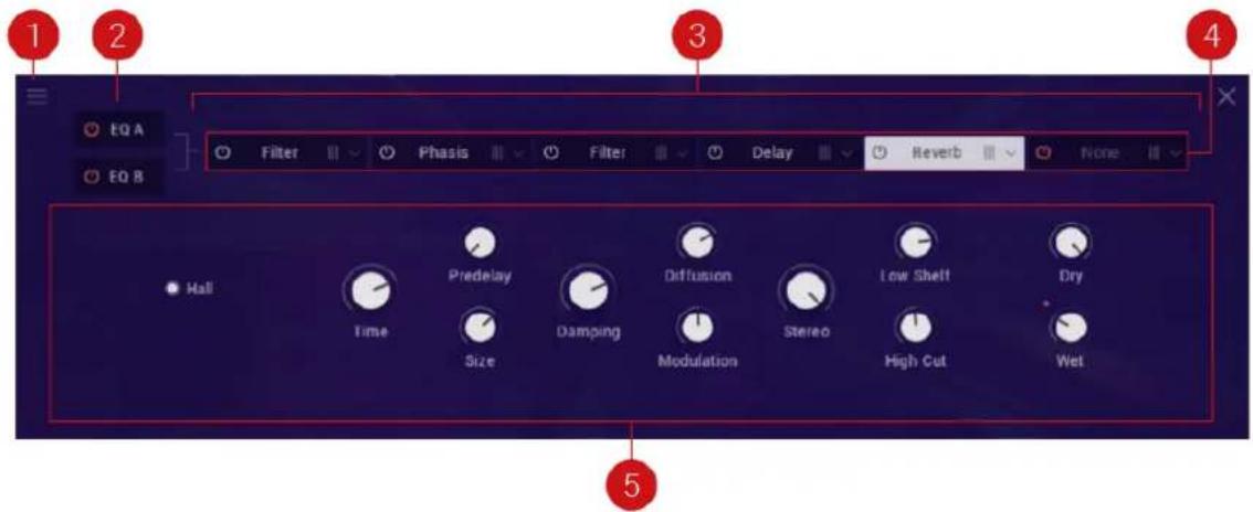 1 2 3 4 EQ A EQ B Filter Phasis Filter Delay Reverb None Hall Time Predelay Damping Diffusion Low Shell Dry Size Modulation Stereo High Cut Wet