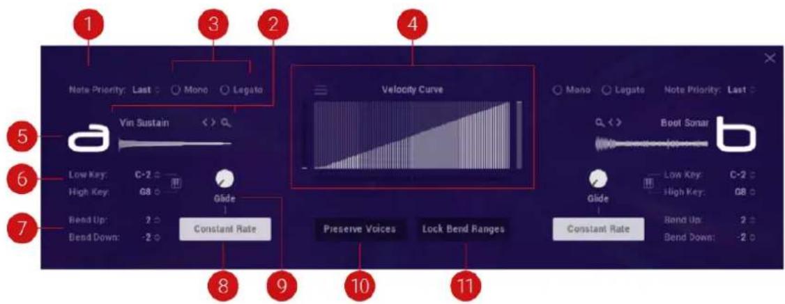Note Priority: Last ○ Mono ○ Legato Vin Sustain < > Q Velocity Curve Low Key: C-2 ○ High Key: G8 ○ Bend Up: 2 ○ Bend Down: -2 ○ Glide Constant Rate Preserve Voices Lock Bend Ranges Mono Lagato Note Priority: Last ○ ○ <> Boot Sonar Glide Constant Rate Low Key: C-2 ○ High Key: G8 ○ Bend Up: 2 ○ Bend Down: -2 ○