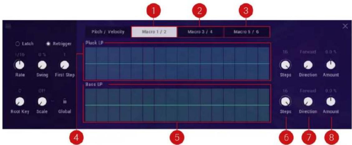 1 2 3 Pitch / Velocity Macro 1 / 2 Macro 3 / 4 Macro 5 / 6 Latch Retrigger 1/16 0 % 1 Rate Swing First Step 0 Off Root Key Scale Global 4 5 6 7 8 Pluck LP 16 Forward 0.0 % Steps Direction Amount 16 Forward 0.0 % Steps Direction Amount