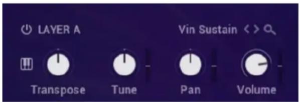 LAYER A Vin Sustain < > Transpose Tune Pan Volume