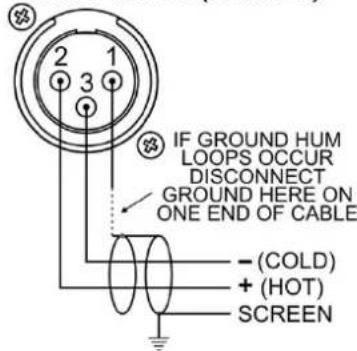 IF GROUND HUM LOOPS OCCUR DISCONNECT GROUND HERE ON ONE END OF CABLE - (COLD) + (HOT) SCREEN