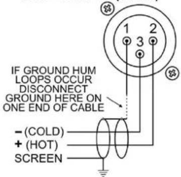 IF GROUND HUM LOOPS OCCUR DISCONNECT GROUND HERE ON ONE END OF CABLE - (COLD) + (HOT) SCREEN