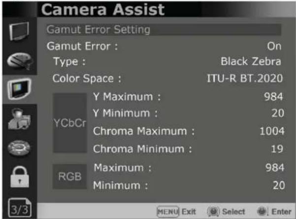 Camera Assist Gamut Error Setting Gamut Error : On Type : Black Zebra Color Space : ITU-R BT.2020 Y Maximum : 984 Y Minimum : 20 Chroma Maximum : 1004 Chroma Minimum : 19 RGB Maximum : 984 Minimum : 20 3/3 MENU Exit Select Enter
