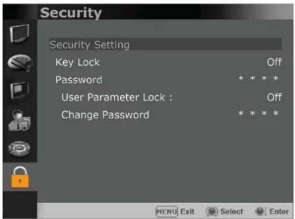 Security Security Setting Key Lock Off Password * * * * User Parameter Lock : Off Change Password * * * * MENU Exit Select Enter