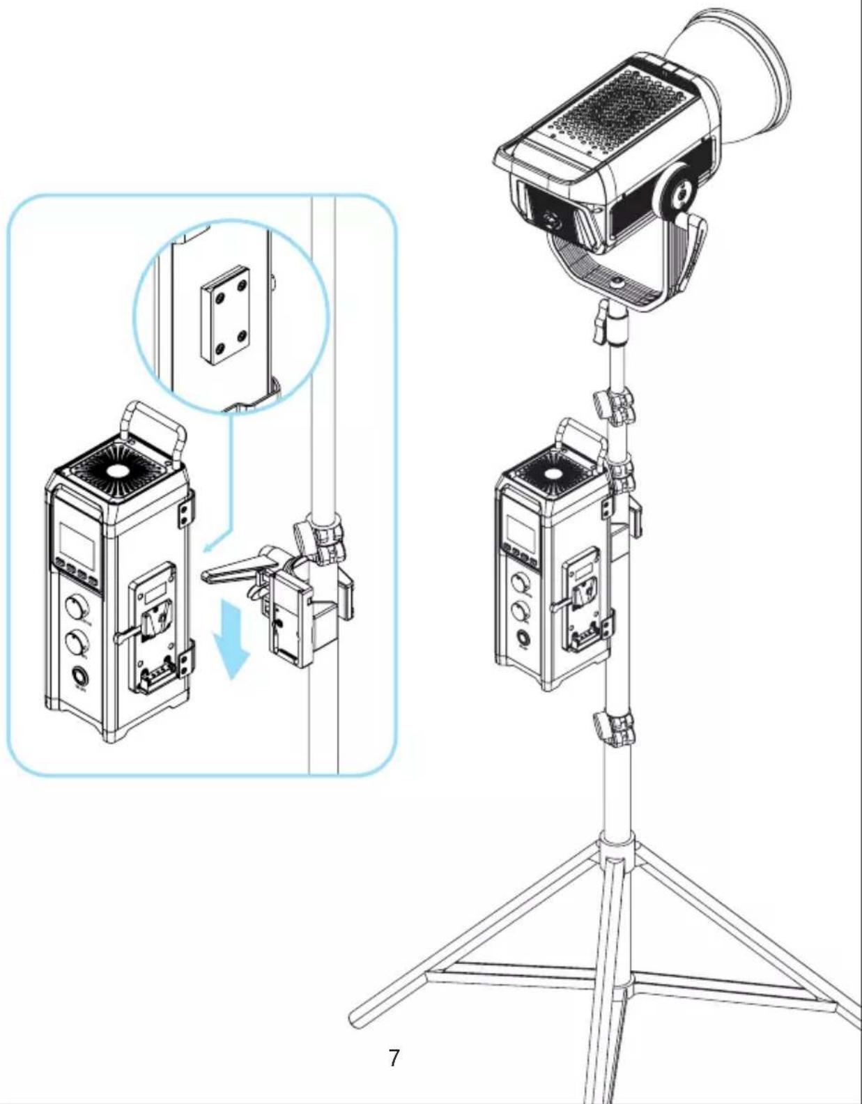 Technical diagram showing a lighting setup with labeled components and a magnified inset of a device component.