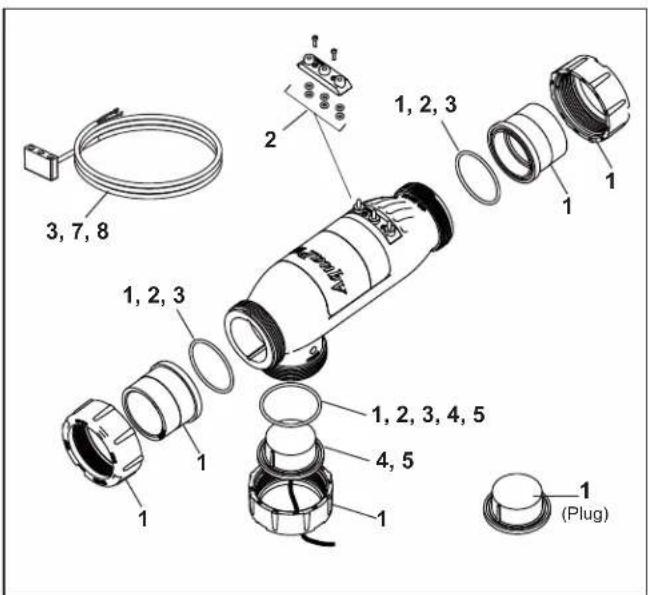 Jandy AquaPure PLC1400 - 3-Port Electrolytic Cell and Sensor Replacement Parts with Universal Unions (2"-2 ^1/2 ") - 1