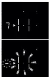 Two abstract white geometric patterns on black background: top shows vertical lines with dots, bottom shows radiating lines with star-like shapes (no text or symbols)