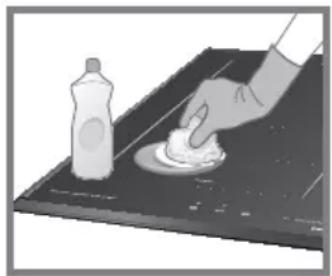 Illustration of a hand cleaning a surface with a plastic bottle and sponge (no text or symbols)