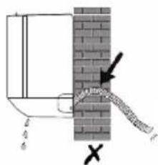 Diagram showing a pipe or pipe passing through a brick wall with water and an arrow indicating direction, marked with symbols.