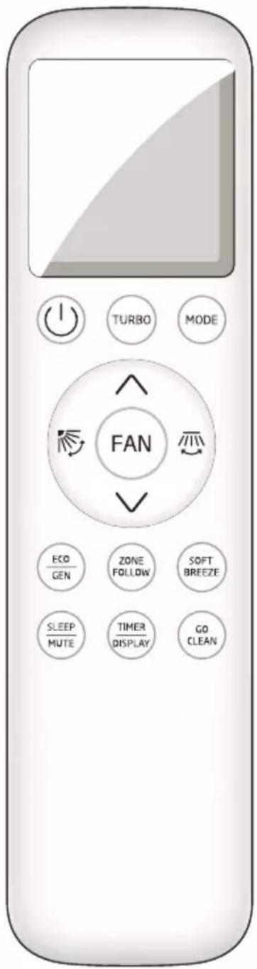 TURBO MODE FAN ECO GEN ZONE FOLLOW SOFT BREEZE SLEEP MUTE TIMER DISPLAY GO CLEAN