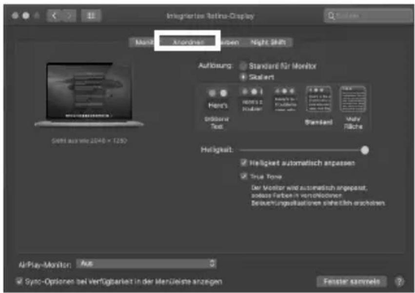 Integrisier Retina-Display Monitor Anordiner Rosen Night Shift Aufbauung: Standard für Monitor Stafert Here's Ordnourer Text Heliigkeit: Heiligkeit automatisch angepasen True Tone Der Monitor wird automatisch angepasst, solesse Farben in verschiedenen Zeluchungsalloationen sieheftlich erschinen. AirPlay-Monitor Aus Sync-Optionen bei Verfügbarkeit in der Merüleiste anzeigen Festler samreis