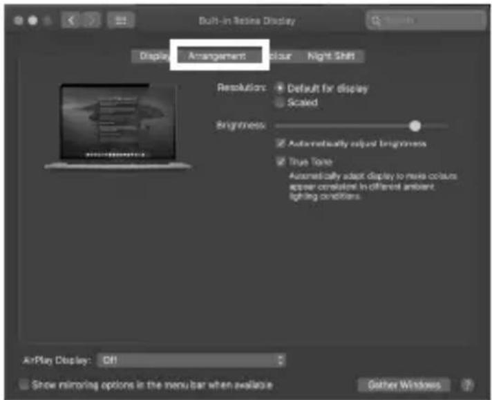 Built-in Resina Display Display Arrangement Colour Night Shift Resolution: Default for display Scaled Brightness: Automatically adjust brightness True Tone Automatically adapt display to make colours appear consistent in different ambient lighting conditions. AirPlay Display: Off Show mirroring options in the menu bar when available Other Windows
