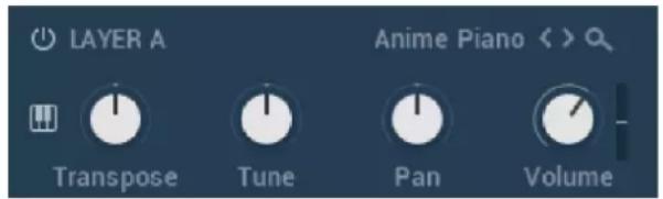 LAYER A Anime Piano < > Transpose Tune Pan Volume