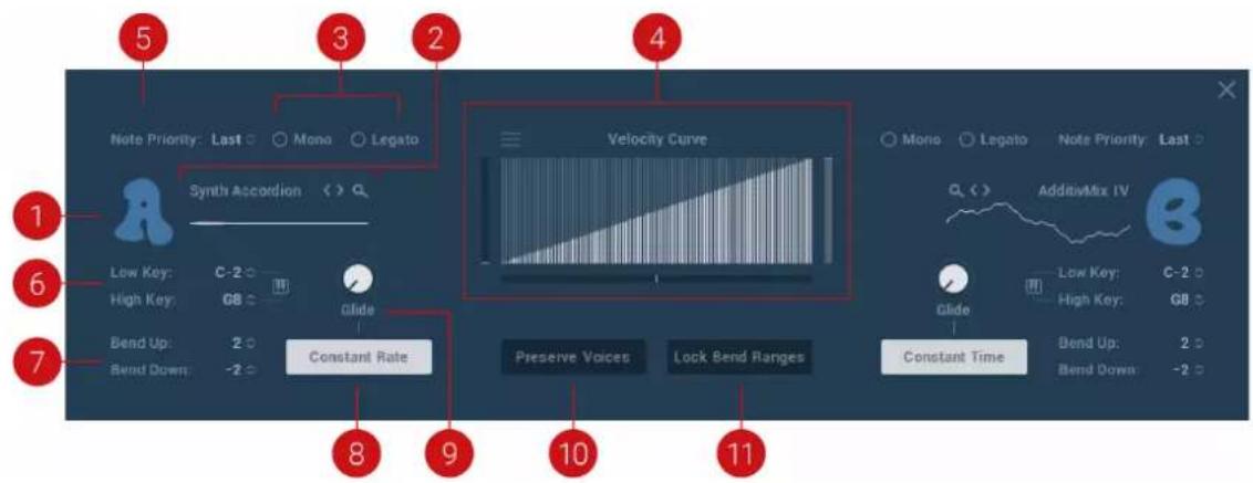 Note Priority: Last ○ Mono ○ Legato Synth Accordion < > Q Low Key: C-2 ○ High Key: GB ○ Bend Up: 2 ○ Bend Down: -2 ○ Constant Rate Velocity Curve Preserve Voices Lock Bend Ranges Glide Constant Time AdditivMix IV Mono ○ Legato Note Priority: Last ○ Low Key: C-2 ○ High Key: GB ○ Bend Up: 2 ○ Bend Down: -2 ○
