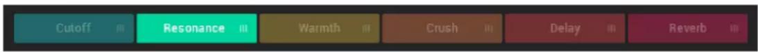Cutoff Resonance Warmth Crush Delay Reverb
