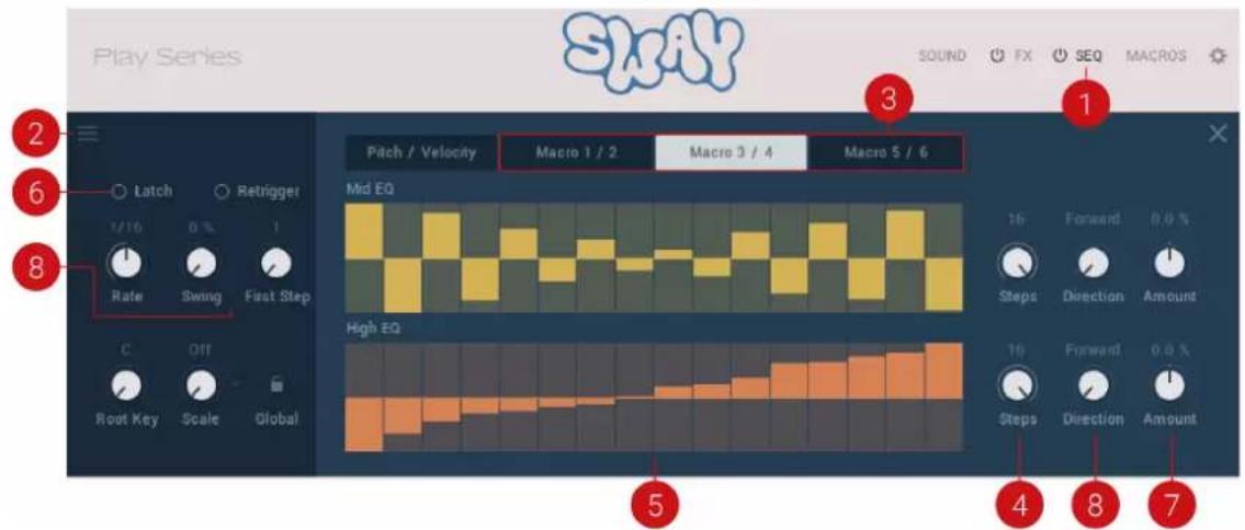 Play Series SKAY SOUND FX SEQ MACROS 2 3 1 Pitch / Velocity Macro 1 / 2 Macro 3 / 4 Macro 5 / 6 Latch Retrigger 1/16 0 % 1 Rate Swing First Step C Off Root Key Scale Global 8 High EQ 5 4 8 7