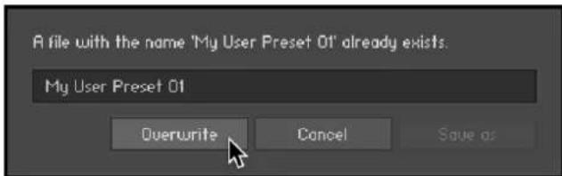 A file with the name 'My User Preset 01' already exists. My User Preset 01 Overwrite Cancel Save as