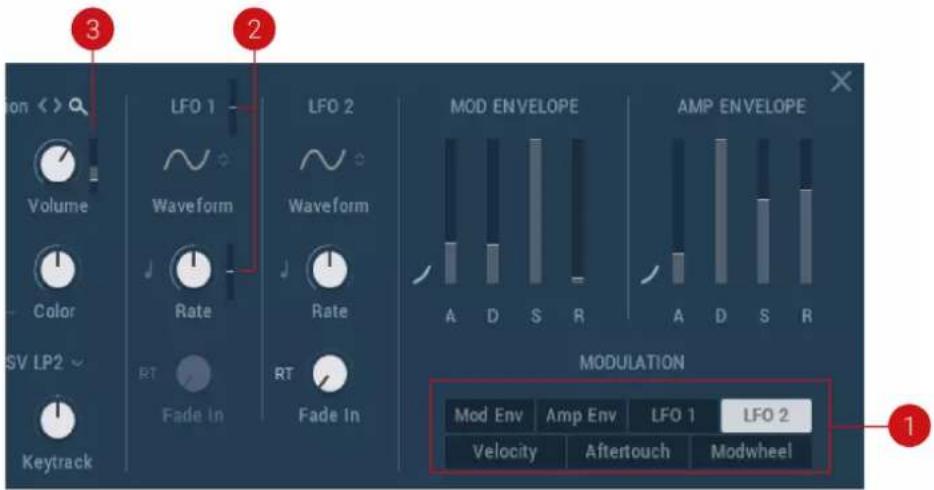 3 2 LFO 1 Volume Color SV LP2 Keytrack LFO 2 Waveform Rate RT Fade In LFO 2 Waveform Rate RT Fade In MOD ENVELOPE A D S R AMP ENVELOPE A D S R MODULATION Mod Env Amp Env LFO 1 LFO 2 Velocity Aftertouch Modwheel 1