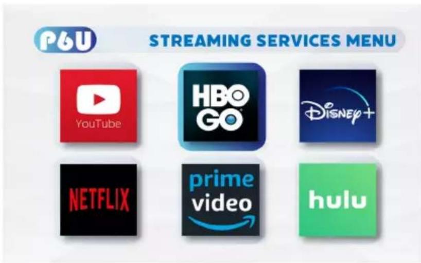 P6U STREAMING SERVICES MENU YouTube HBO GO Disney+ NETFLIX prime video hulu