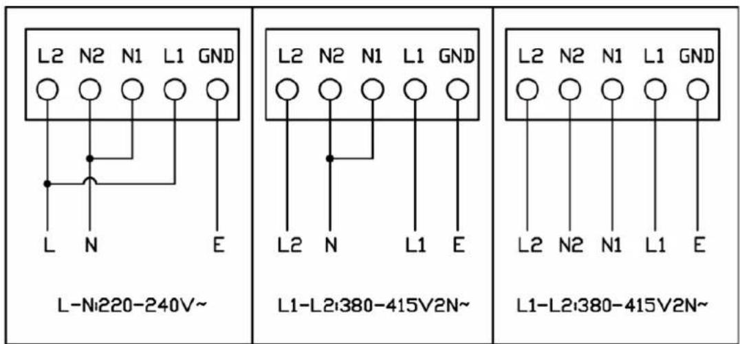 L-Ni220-240V~ L2 N2 N1 L1 GND L N E L2 N2 N1 L1 GND L2 N L1 E L1-L2:380-415V2N~ L2 N2 N1 L1 GND L2 N2 N1 L1 E L1-L2:380-415V2N~