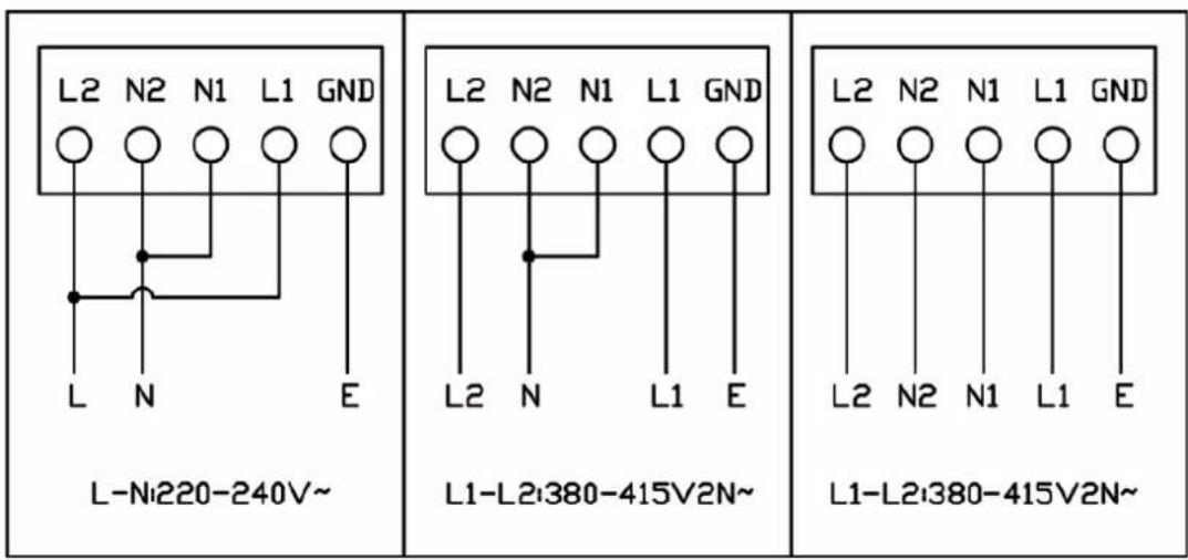 L2 N2 N1 L1 GND L N E L-Ni220-240V~ L2 N2 N1 L1 GND L2 N L1 E L1-L2:380-415V2N~ L2 N2 N1 L1 GND L2 N2 N1 L1 E L1-L2:380-415V2N~