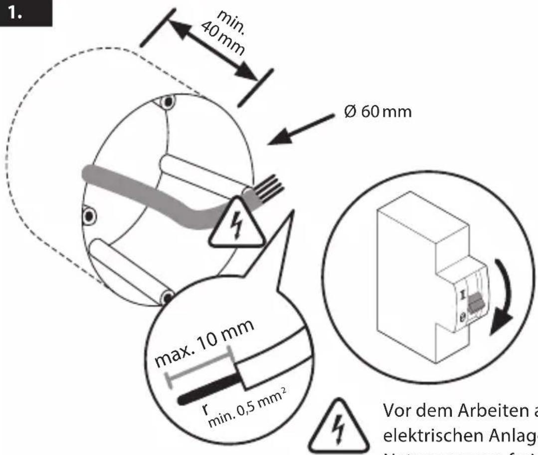 1. min. 40 mm Ø 60 mm max. 10 mm r min. 0,5 mm² Vor dem Arbeiten a elektrischen Anlage Not present for