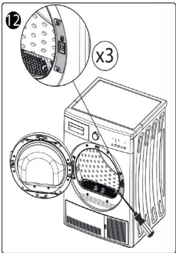 Diagram of a washing machine with labeled parts and cross-section view, showing internal components and assembly steps.