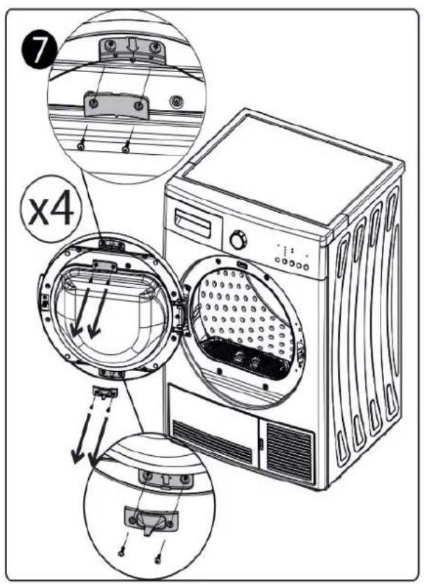 Diagram of a washing machine with labeled parts and cross-sectional views, showing internal components and assembly steps.