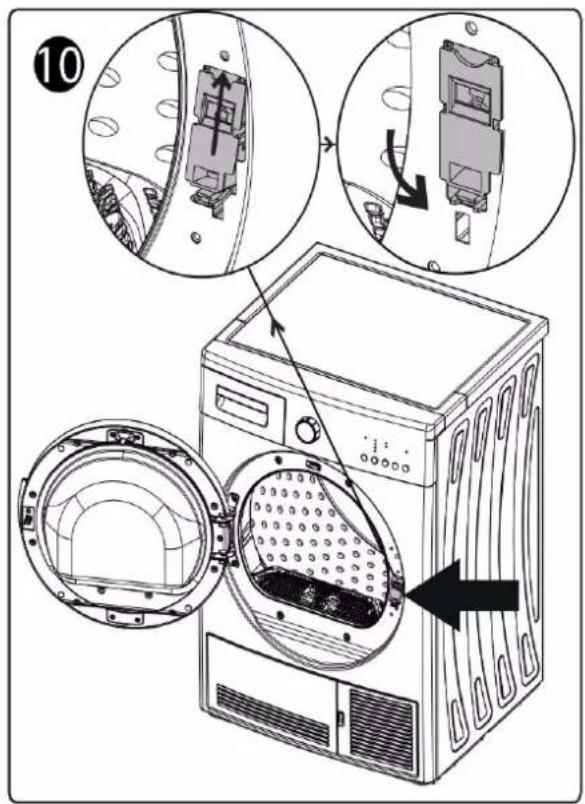 Diagram illustrating the internal components of a washing machine, showing exploded view and disassembly steps with numbered annotations.
