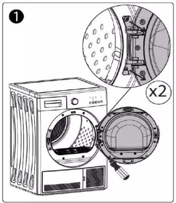 Technical diagram of a front-loading washing machine with close-up views and labeled components