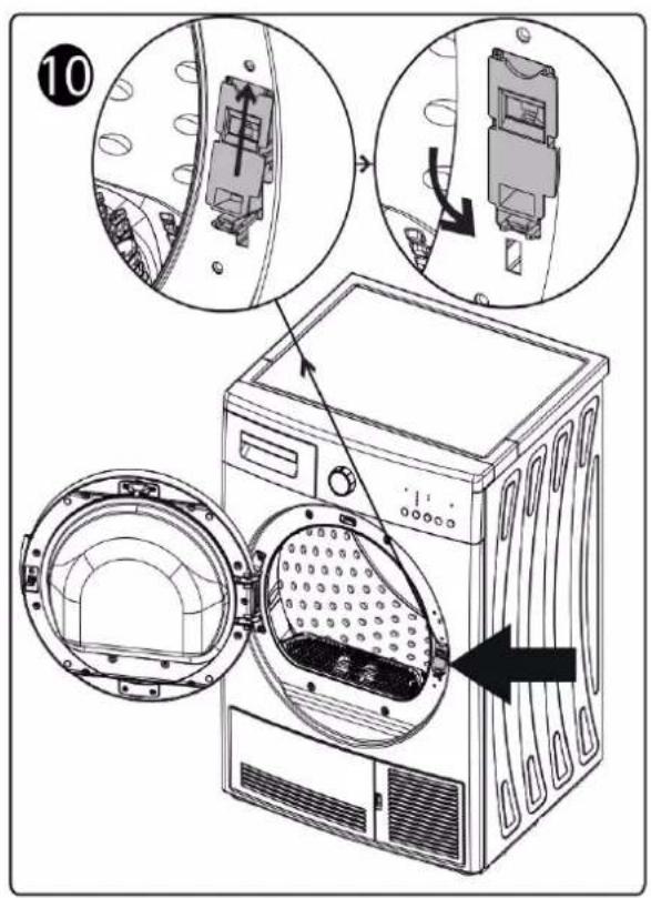 Diagram showing a washing machine with internal components and labeled parts, including close-ups of internal chambers and a directional arrow indicating movement.